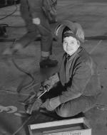 Photo of A “Wendy, the Welder,” Janet Doyle, at the Richmond Shipyards. 1943.