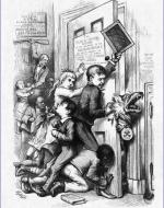 A political cartoon shows schoolchildren struggling to keep a wolf from entering their schoolroom.
