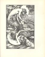 The black-and-white line drawing shows a faun looking at his reflection in a lily pond.