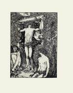 THe black-and-white line drawing depicts three naked or semi-naked male figures around an open doorway.