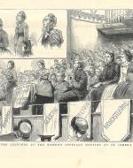 A sketch of a Women's Suffrage meeting in St. James Hall in London. A close up of female faces is in the top left corner. Banners with various Suffragist associations are beneath the women.
