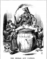 Irish figure portrayed drunk and slovenly sitting atop a powder keg