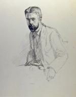 The image shows a line drawing of the head and torso of a man in a suit jacket with a trimmed beardseated in three quarter position.,