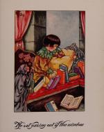 Prince Dolor is surrounded by his castle of books as he gazes out the window, with his godmother appearing on the side.