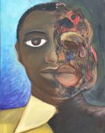 Painting of Emmett Till with half his face mutilated