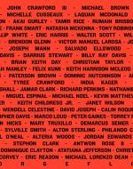 Names of over 100 Black People killed by police written in black ink with a red background