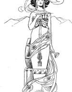 Deity/godess standing, she is wearing an elaborate outfit 