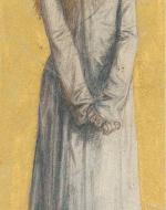 A drawing of a blonde women in a long white dress, facing forward to camera; hands are clasped in front, plain yellow background.