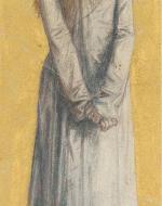 A drawing of a blonde women in a long white dress, facing forward to camera; hands are clasped in front, plain yellow background.