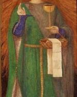 Painting of a grail maiden holding the Eucharistic devices in her left hand. Her right hand is raised. Over her head hovers the white dove of the Holy Spirit. Both have halo of light.