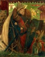 A lady and a knight praying before an altar. He offers his sword and she fixes her sleeve on his basnet. Overhead, in the distance, is seen ‘a black tower’, and beside is a black knight, mounted, waiting with his lance in rest for the combat.