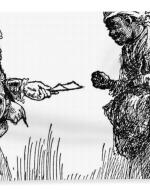 A female figure bows to a male figure handing her a piece of paper