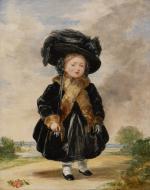 Queen Victoria, aged Four, 1823, by Stephen Poyntz Denning (c. 1878-1864). Wikipedia. Young Princess Victoria is seen here wearing a complete outfit of outdoor clothes. Her intricate clothing is reminiscent of the fashion for women at the time, particularly her outdoor coat and grand hat. 