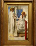 Girl in white handing a branch of white flowers to the Virgin Mary.