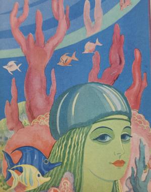 a mermaid in a 1920s hat, with coarl and fish