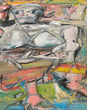 "Woman I" mixes aggressive brushstrokes with abstract and figurative elements, representing the tension between abstraction and representation.