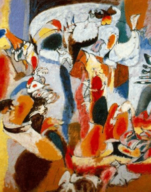 A biomorphic abstraction filled with flowing, organic shapes and vivid colors, inspired by Gorky's personal memories and emotions.