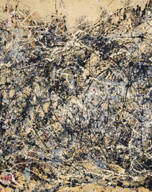 One of Pollock's first iconic drip paintings, created by pouring and splattering paint onto the canvas. The piece has no central focus, inviting viewers to explore the entire surface.