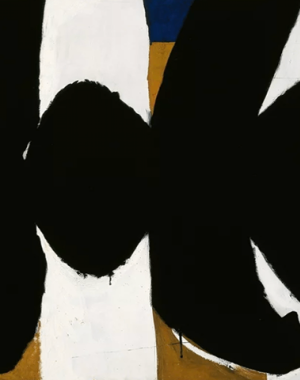 Part of Motherwell’s series mourning the Spanish Civil War, this painting features bold, black forms juxtaposed against white and color fields