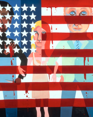 This textile-based work, incorporating the American flag with imagery and text, critiques U.S. militarism and racial injustice during the Vietnam War era.
