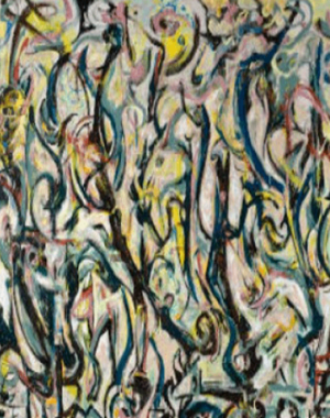 A massive, energetic work commissioned by Peggy Guggenheim, it marked Pollock's shift toward his iconic drip-painting style. The piece is a dynamic blend of swirling forms and colors, suggesting movement and chaos.
