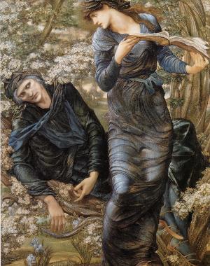 A sorceress surrounded by flowers in front of a male lying on the ground covered by tree branches. 