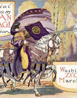 An image of the Official Program Woman Suffrage Procession which shows a woman on a white horse holding a long horn with a banner draped on it that says, "Votes for Woman". The image also has the date and location of the procession, Washington D.C. March 3, 1913.