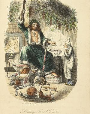 The Ghost of Christmas Past sits upon a throne of food, beckoning Scrooge.
