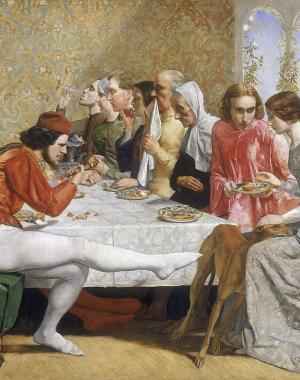 A painted depiction of a scene from Boccaccio's Decameron. A young Italian woman and her lover eat dinner at table preoccupied with one another, but unable to see the looming threat and malice of her three brothers who disapprove of the love-match. The suitor is later murdered by the brothers.