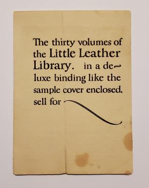 an old sheet of paper, heavily yellowed, that reads "The thirty volumes of the Little Leather Library, in a deluxe binding like the same cover enclosed, sell for ~"