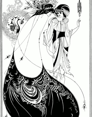 Salome regaled in a peacock skirt and headdress conversing with the young Syrian.