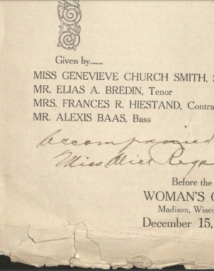 A picture of the bottom half of a programme, listing the singers of a quartette. The accompanist is handwritten in as Alice Regan.