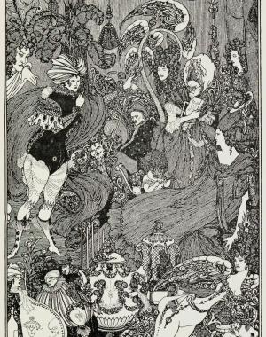 An illustration of a room full of people, with objects blending into people's forms. All but two of the faces look upset, and one of the faces who doesn't is the handle of a pot of some kind. Very crowded scene filled with opulent detail.