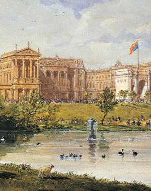 A painting showing Buckingham Palace in the background of the nearby St. James's Park.