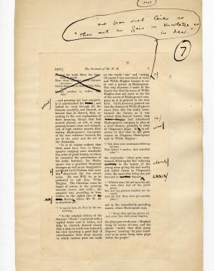 Folio 7 contains a full page (p.7) from the Blackwood's 1889 printing glued down onto a notebook page. Wilde's annotations are both on the Blackwood's page and an addition in the upper margin of the notebook.