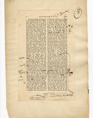 Folio 8 contains a full page (p.8) from the Blackwood's 1889 printing glued down onto a notebook page. Wilde's annotations are only on the Blackwood's page except for the folio number in the upper right corner.  There is also a penciled in "2" in the upper left corner which does not seem to match Wilde's handwriting.