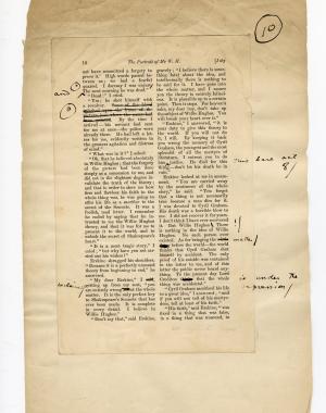 Folio 10 contains a full page (p.2) from the Blackwood's 1889 printing glued down onto a notebook page. Wilde's annotations are both on the Blackwood's page and run off into the margins of the notebook page.
