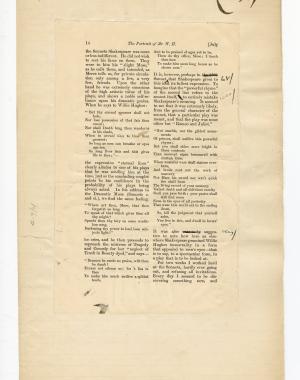 Folio 23 contains a full page (p. 14) from the Blackwood's 1889 printing glued down onto a notebook page. Wilde's annotations are on the Blackwood's page but not on the margins of the page except for the folio number. There is a pencil marking (4/9/4?) in the left hand margin which may not be in Wilde's hand and it is unclear what this marking might refer to.