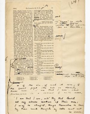 Folio 24 contains a full page (p. 15) from the Blackwood's 1889 printing glued down onto a notebook page. Wilde's annotations are on the Blackwood's page  as well as into the margins of the noetbook page. Lengthier additions are annotated in the bottom margin. There is also a partly visible circled "INS" written on the notebook page that is mostly covered with the Blackwood's page. This annotation seems to refer to Wilde's insertion at the bottom of the page. 