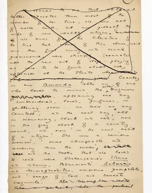 Folio 73 is a handwritten notebook page with no cutouts. There is a mostly-erased "E" next to the folio number. This "E" resembles the crossed out one on folio 62. Folio 73 begins with a deleted passage, a version of which is on the preceding folio 72.  