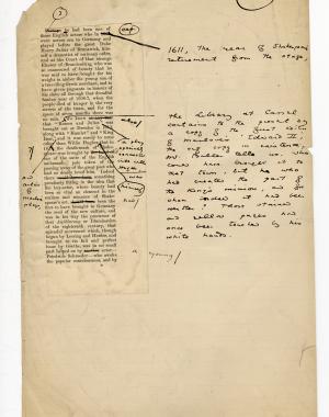 Folio 85 contains a cutout from the righthand column of p. 17 of the Blackwood's 1889 printing glued down onto a notebook page. Wilde makes annotations on the Blackwood's cutout and on the notebook page.