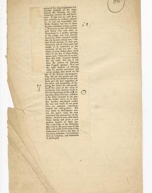 Folio 86 contains two cutouts from the upper portion of p. 18 of the Blackwood's 1889 printing glued down into a single column onto a notebook page. Wilde makes annotations on the Blackwood's cutouts and on the notebook page.