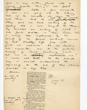 Folio 96 begins with handwriting and contains a cutout from the lefthand column of p. 19 of the 1889 Blackwood's printing glued down into the notebook and annotated on the cutout and on the notebook page. 