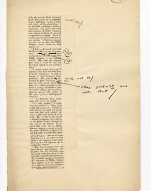 Folio 97 contains two cutouts from the Blackwood's 1889 printing glued down into a single column onto a notebook page and annotated on the cutout and onto the notebookpage. The first cutout is from the righthand column of p.19. The second cutout, which is glued directly under end of the printed text on the first cutout (but glued over the bottom margin of the page), is from the lefthand column of p.20. 