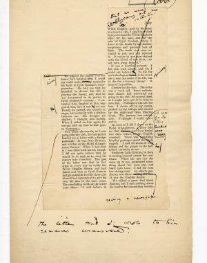 Folio 101 contains an irregular cutout from p. 20 of the Blackwood's 1889 printing glued down onto a notebook page. Annotations are on the cutout as well as the notebook page.  The folio number 101 is written beside a scribbled out "100." The alignment of the cutout and ink line at the top of the lefthand side column matches the second cutout on Folio 97, indicating that these cutouts are likely from the same copy of Blackwood's.