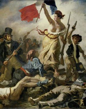 A bare-chested woman holds up the French flag in retaliation to the tyrannical monarchy. 
