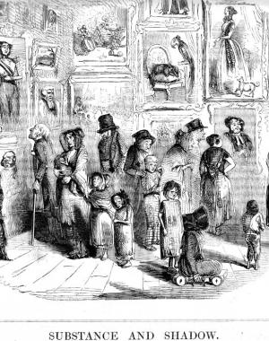 Illustration of the poor viewing portraits of wealthy people