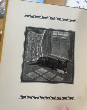 Image of Scottish terrier running down the stairs after being chastised by a maid. , Picture of stanza three in the edition, Image of Scottish terrier sleeping next to a plush cushion chair