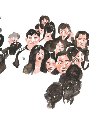 Painting depicts a group of people walking about in a crowded space.