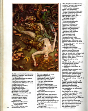 Laura, in pleasure, participates in eating genital-shaped fruits of the Goblin Men